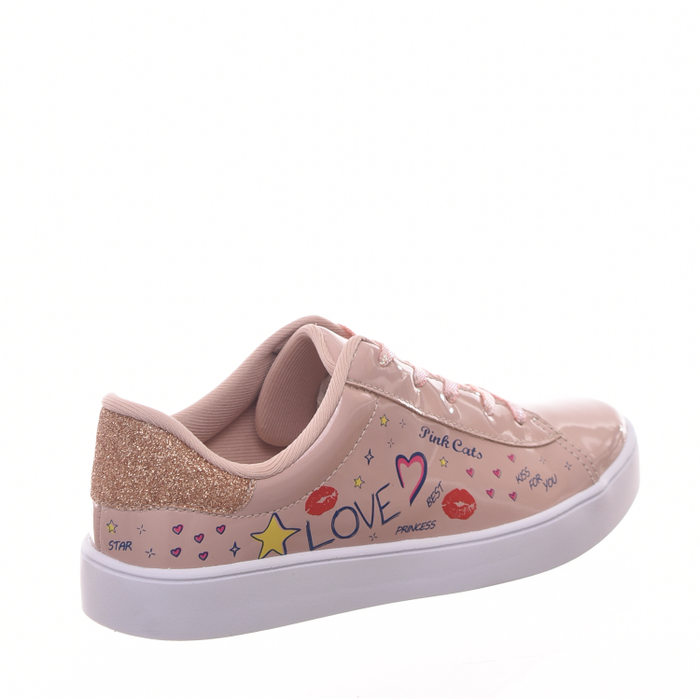 Tênis Pink Cats Estampado Detalhe Glitter Cadarço Furta Cor Verniz Rosê