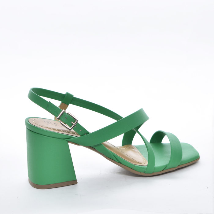 Sandália Ramarim Bico Quadrado Cabedal Tira e X Salto Médio Geométrico Verde