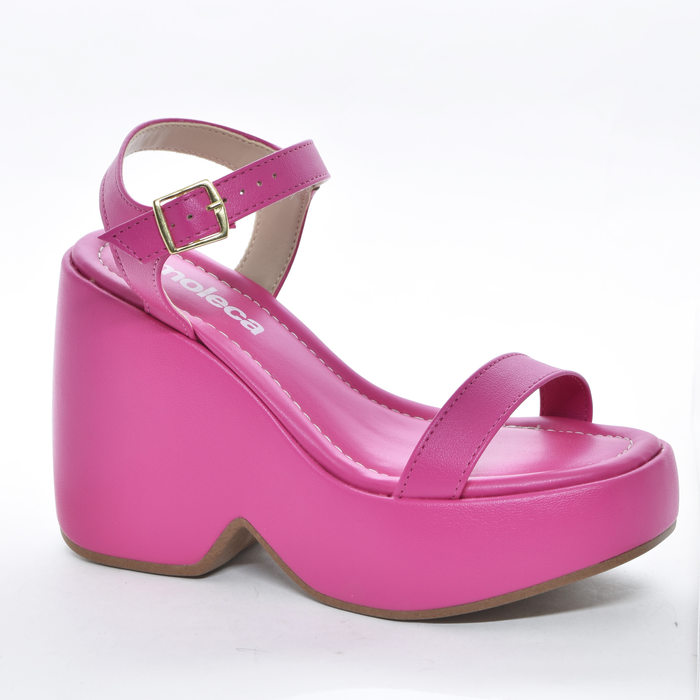 Sandália Anabela Moleca Cabedal Tira Fechamento Fivela Pink