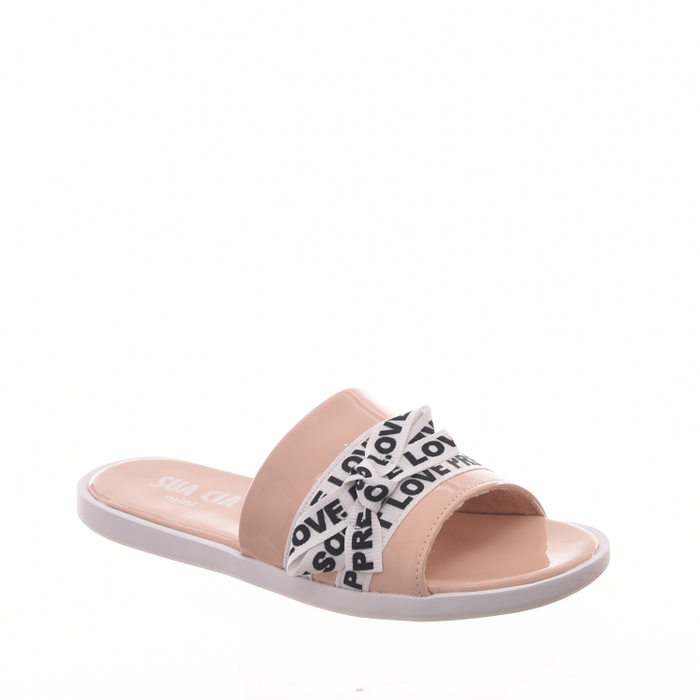 Chinelo Slide Sua Cia Mini Detalhe Laço com Escrita Verniz Rosê e Branco