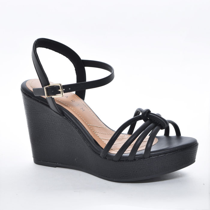 Sandália Anabela Ramarim Cabedal Tiras Vazada Salto Alto Mini Croco Preto