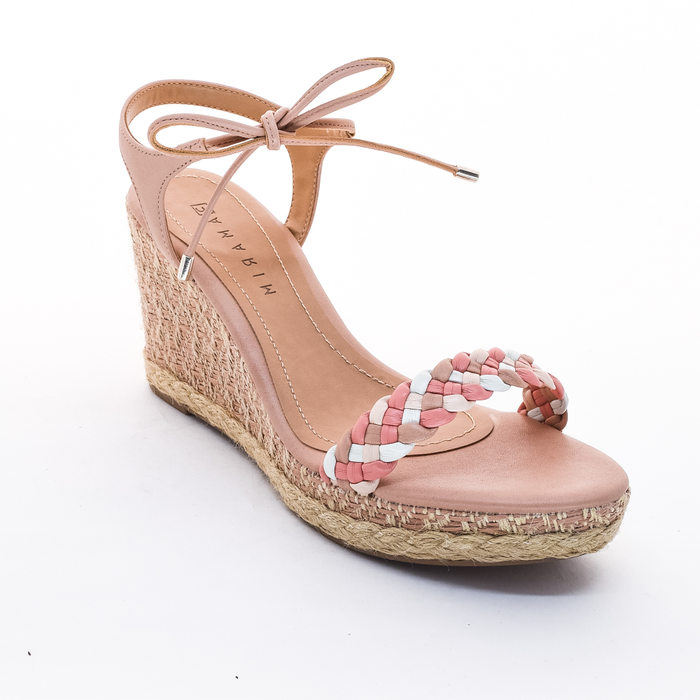 Sandália Anabela Ramarim Cabedal Tressê com Amarração Salto Rústico Corda Rosa