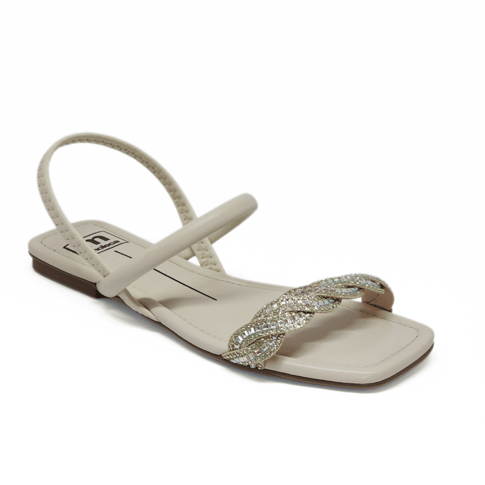 Sandália Moleca Bico Quadrado Cabedal Tira Strass Posterior Elástico Off White