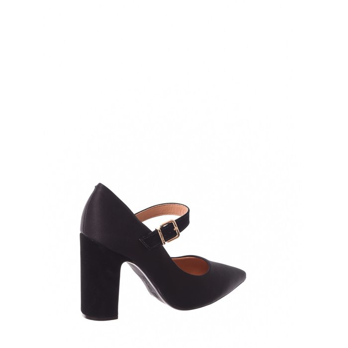 Sapato Scarpin Vizzano Cetim com Fivela Bico Fino Salto Nobuck Preto