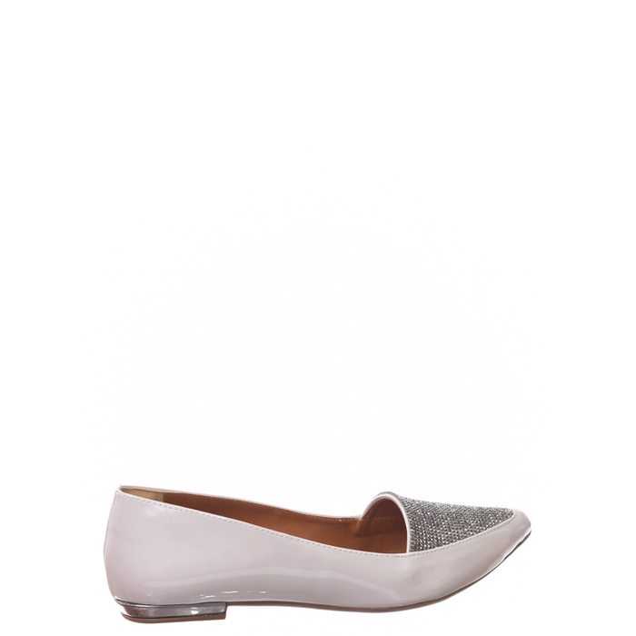 Sapatilha Ana Rúbia Bico Fino Aplicação Strass Verniz Cinza