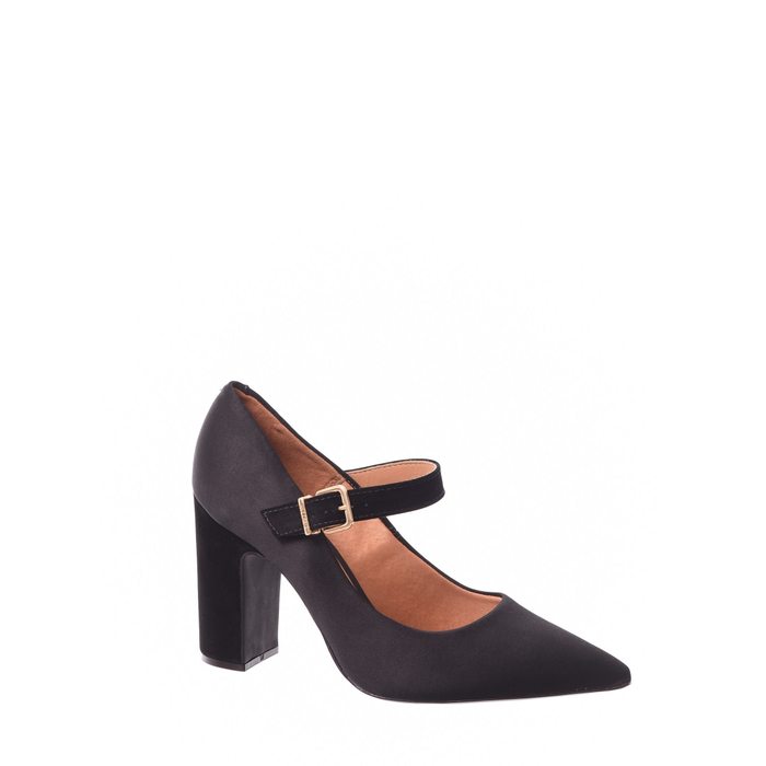 Sapato Scarpin Vizzano Cetim com Fivela Bico Fino Salto Nobuck Preto