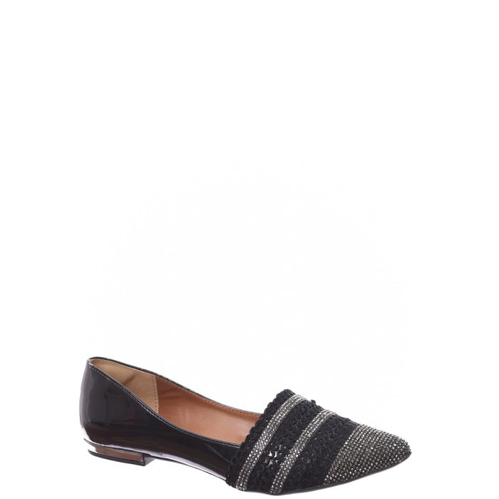 Sapatilha Ana Rúbia Bico Fino Aplicação Strass e Guipir Verniz Preta