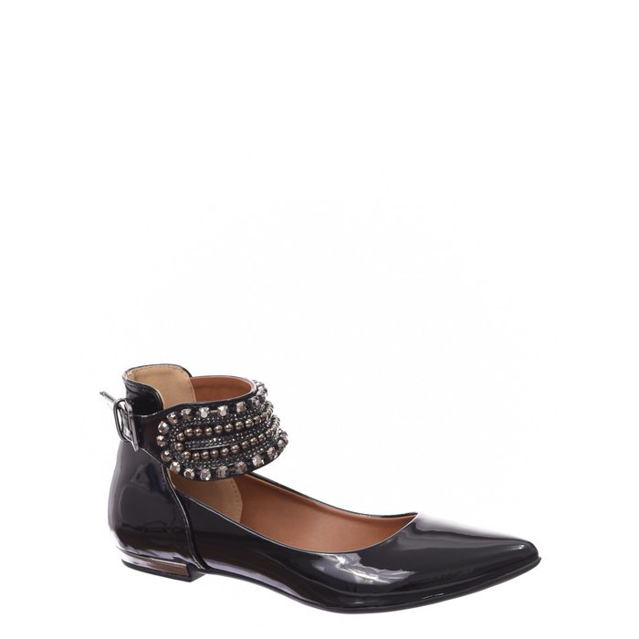 Sapatilha Ana Rúbia Bico Fino Com Tornozeleria Aplicação Pedra Verniz Preta