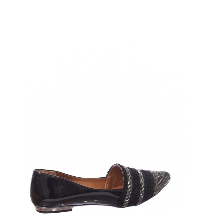 Sapatilha Ana Rúbia Bico Fino Aplicação Strass e Guipir Verniz Preta