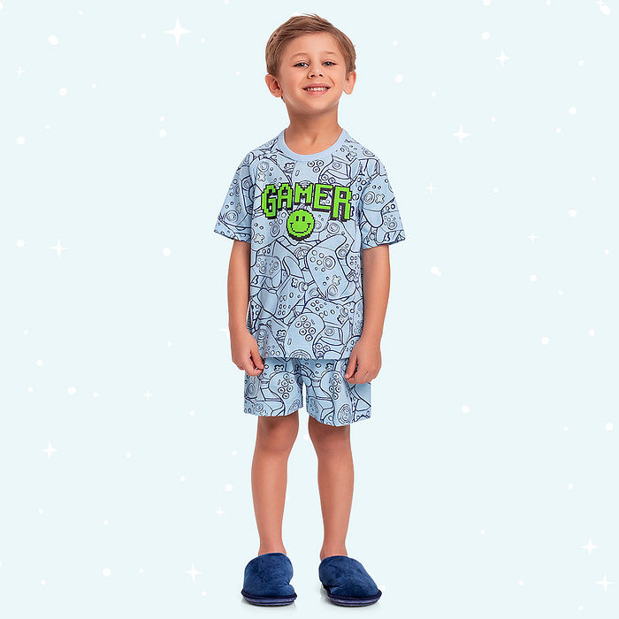 Conjunto pijama infantil camiseta e bermuda estampa game brilha no escuro