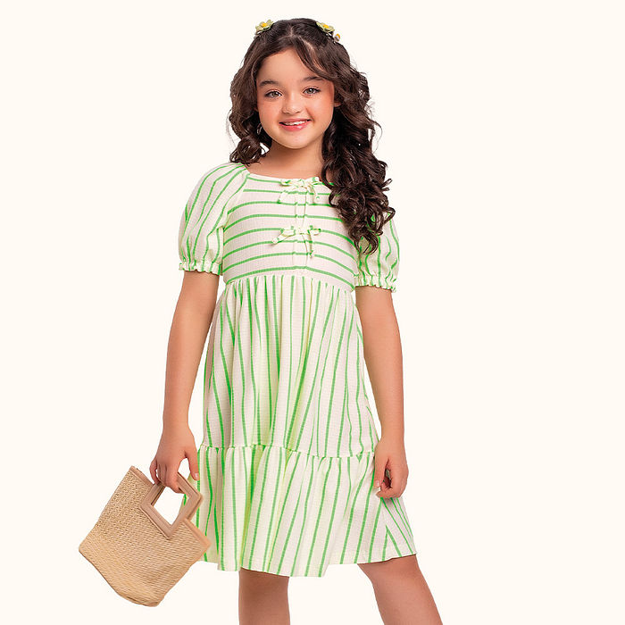 Vestido em malha florence com laço decorativo listras