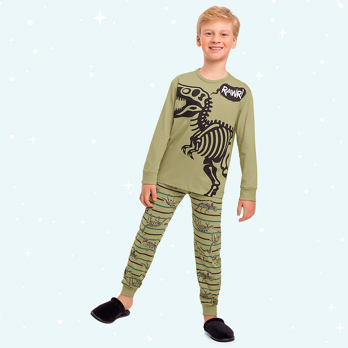 Conjunto pijama infantil camiseta manga longa e calça dinos brilha no escuro