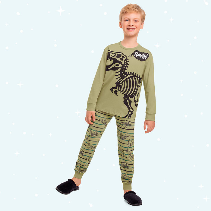 Conjunto pijama infantil camiseta manga longa e calça dinos brilha no escuro