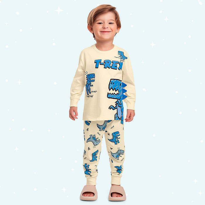 Conjunto pijama infantil camiseta manga longa e calca dinos brilha no escuro