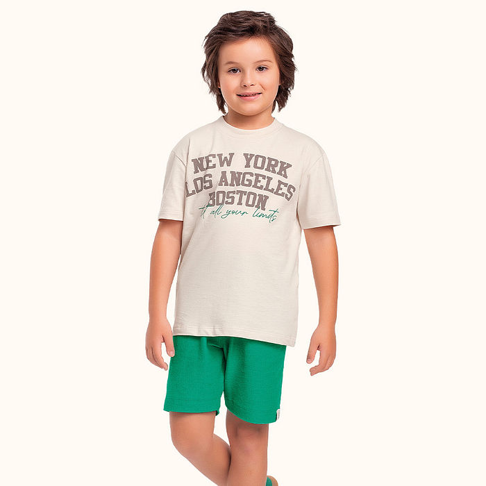 Conjunto camiseta em meia malha e bermuda em moletinho com bolso funcional new york