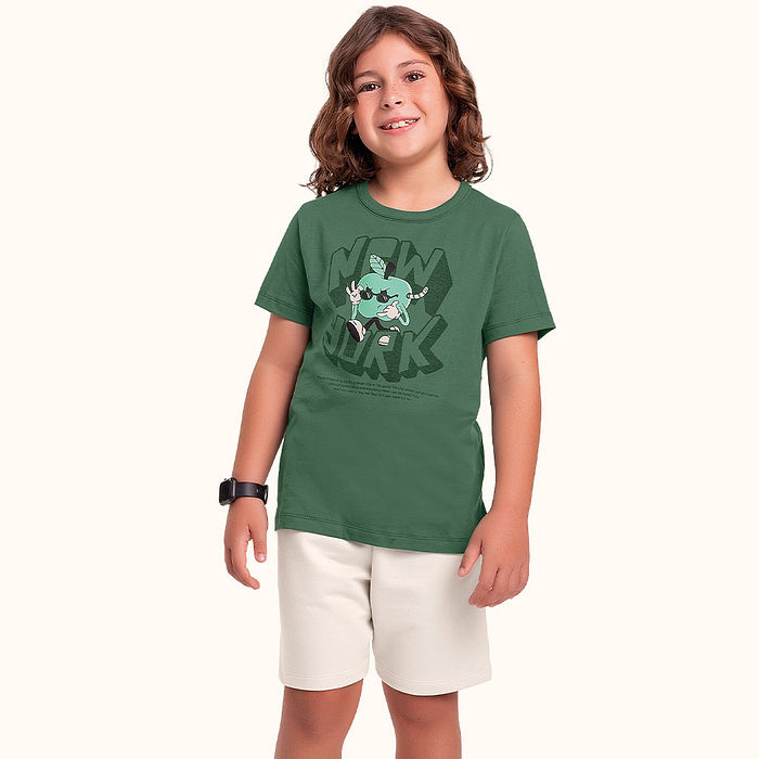 Conjunto camiseta maçã verde em meia malha e bermuda em moletinho maçã verde