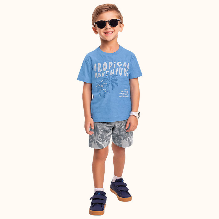 Conjunto camiseta em meia malha flamê e bermuda em moletinho tropical