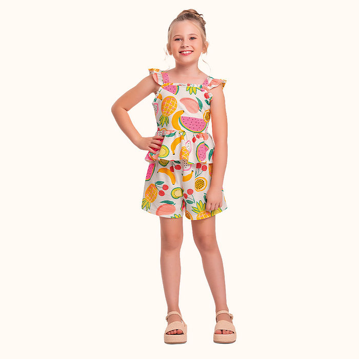 Conjunto blusa/short em malha favo frutas