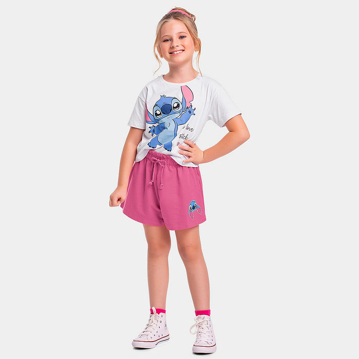 Conjunto blusa e short com cadarço decorativo Lilo & Stitch