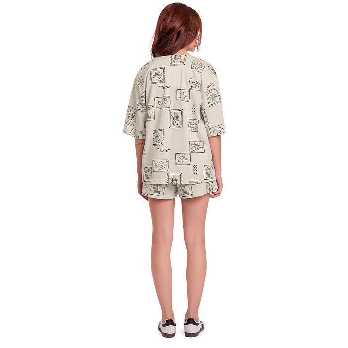 Trijunto infantil feminino kimono top e short com estampa praiana