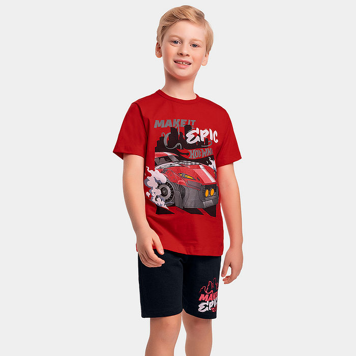 Conjunto infantil camiseta meia malha e bermuda moletinho Hot Wheels