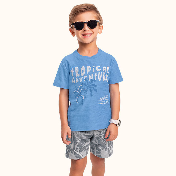 Conjunto camiseta em meia malha flamê e bermuda em moletinho tropical