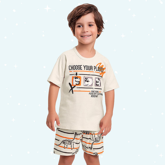 Conjunto pijama infantil camiseta e bermuda dinos brilha no escuro