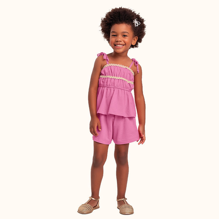 Conjunto blusa de alcinha e short saia em malha favo