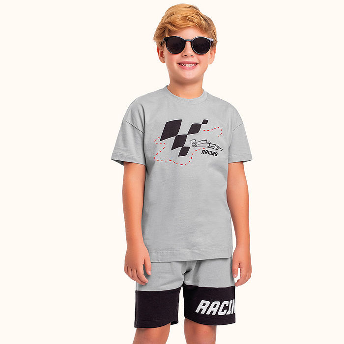 Conjunto camiseta em meia malha e bermuda em moletinho formula 1