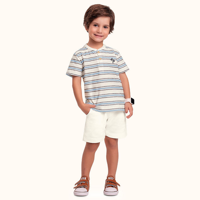 Conjunto camisa gola padre em meia malha fio tinto flamê com bordado e bermuda em moletinho