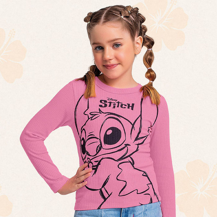 Blusa manga longa em ribana Lilo & Stitch