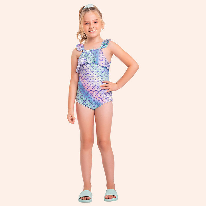 Maiô com forro em Cotton poliéster escamas sereias