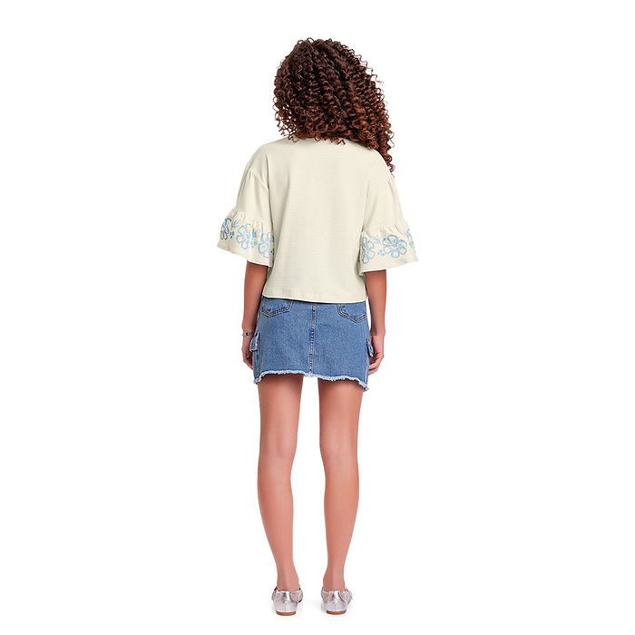 Blusa infantil manga com babado estampa floral glitter