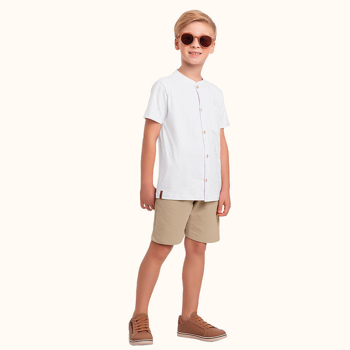 Conjunto camisa gola padre em meia malha e bermuda em moletinho