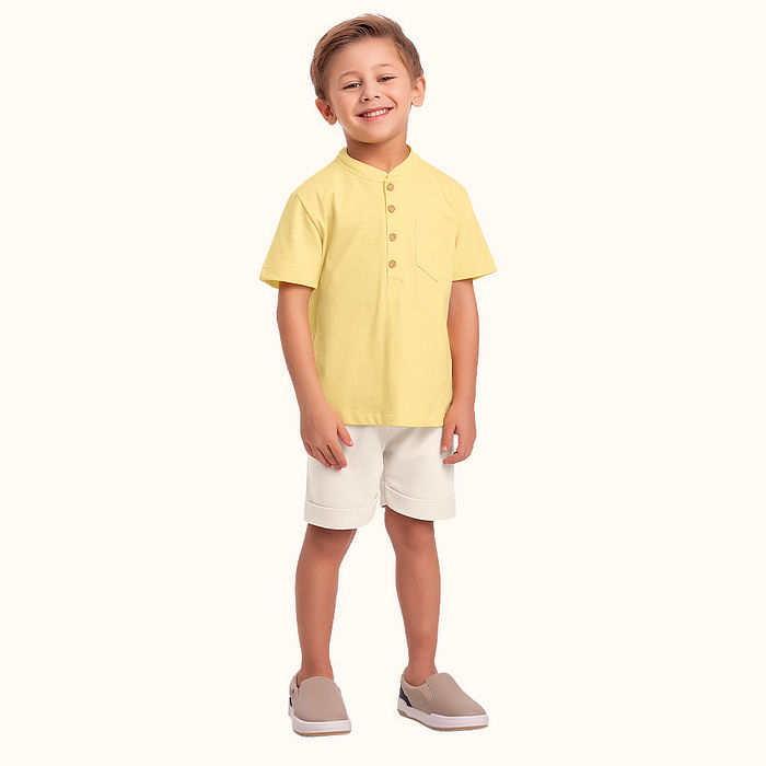 Conjunto camisa gola padre em meia malha e bermuda em moletinho com barra dobrada