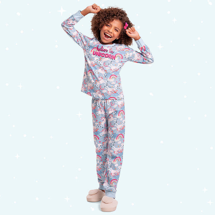 Conjunto pijama blusa manga longa e calça Unicornio