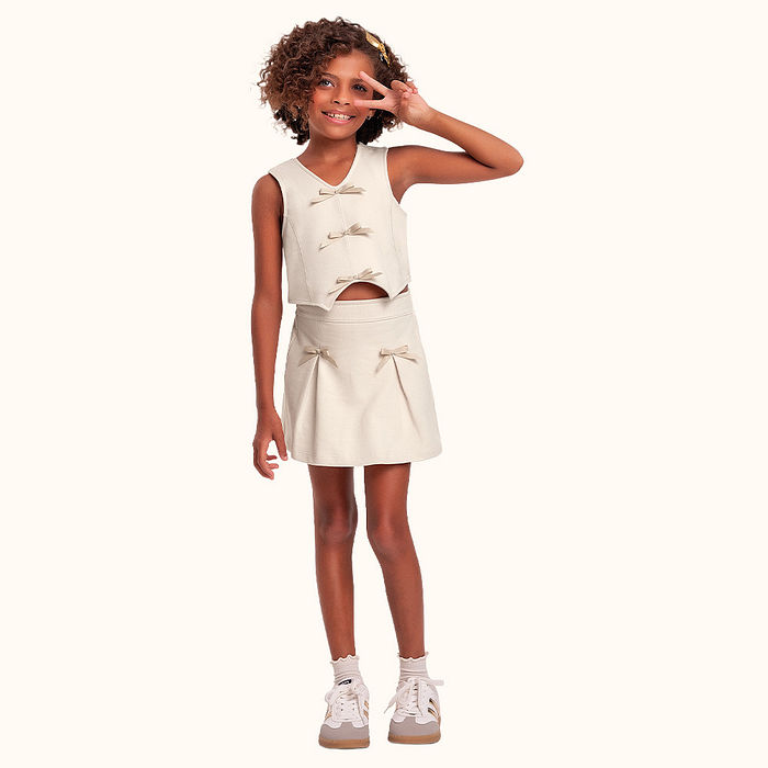 Conjunto regata/short-saia em moletinho com laço decorativo