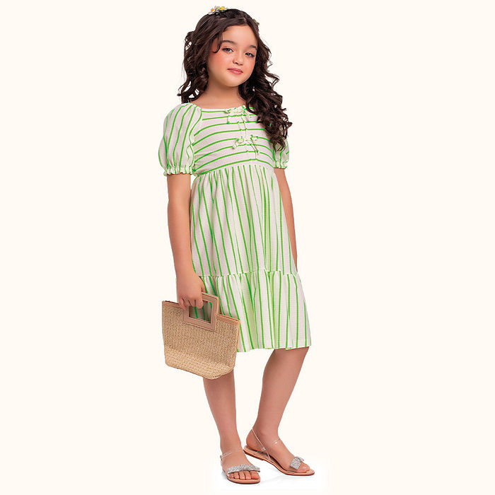 Vestido em malha florence com laço decorativo listras