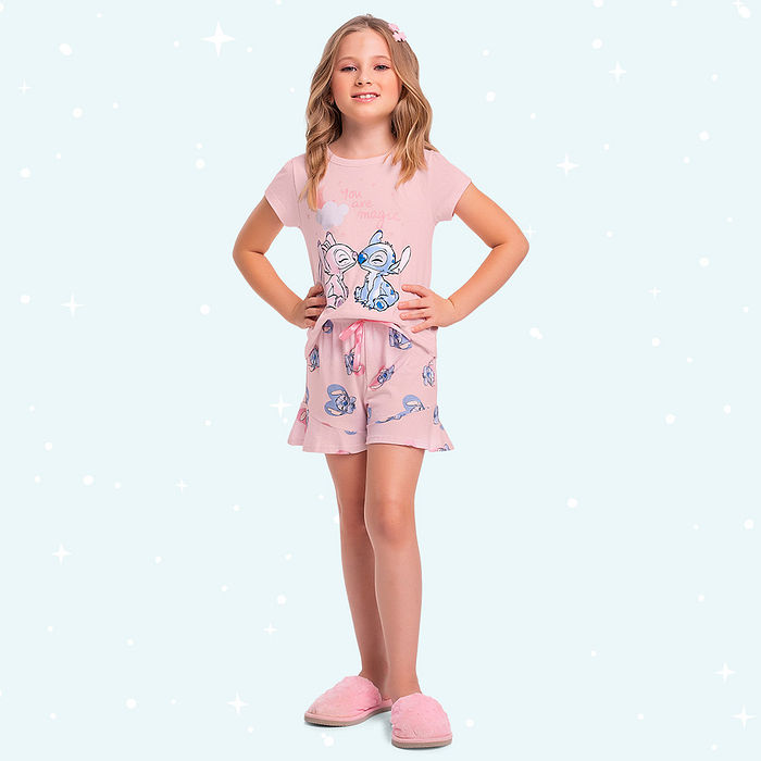 Conjunto pijama blusa e short Lilo Stitch