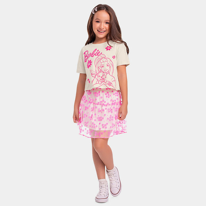 Conjunto blusa e saia em tecido tule flocking Barbie