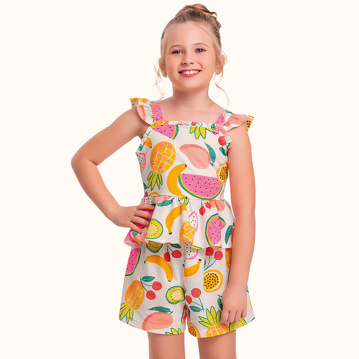 Conjunto blusa/short em malha favo frutas