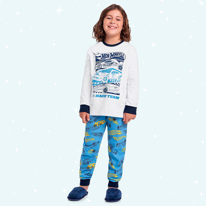 Conjunto pijama infantil camiseta manga longa e calça Hot Wheels