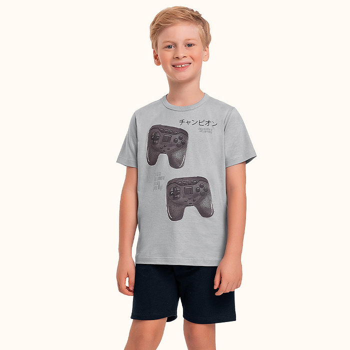 Conjunto camiseta em meia malha e bermuda em moletinho videogame