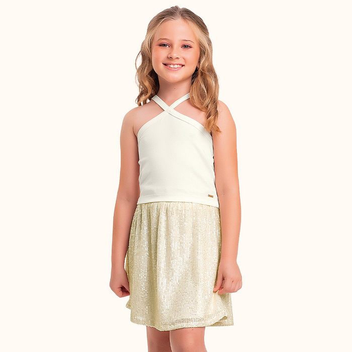 Conjunto regata em cotton leve e saia em tecido lantejoula