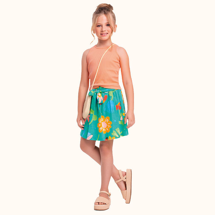 Conjunto blusa em ribana 2x1 e short saia em meia malha jardim