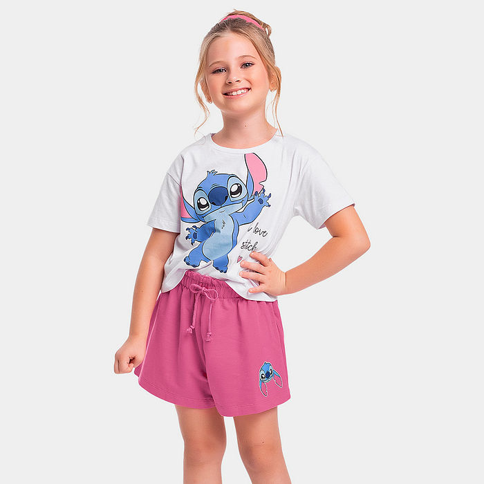 Conjunto blusa e short com cadarço decorativo Lilo & Stitch