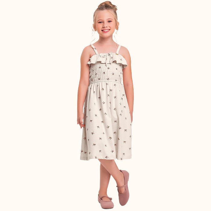 Vestido em malha favo com lastex na frente laços