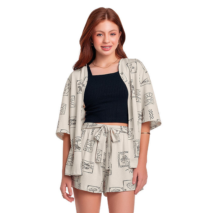 Trijunto infantil feminino kimono top e short com estampa praiana