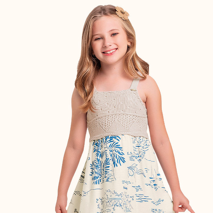 Vestido em meia malha flamê com frente em tricot