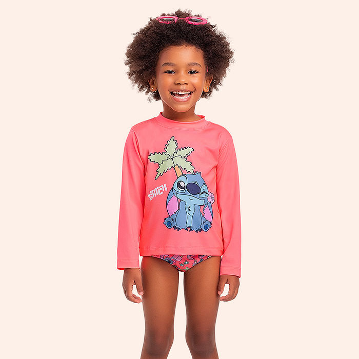 Conjunto blusa manga longa/calcinha moda praia Lilo & Stitch